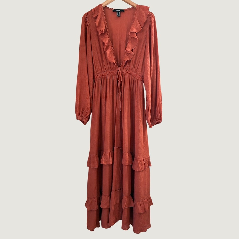 Forever 21 Rust Terracotta Ruffle Boho Maxi Dress Long Sleeve Medium